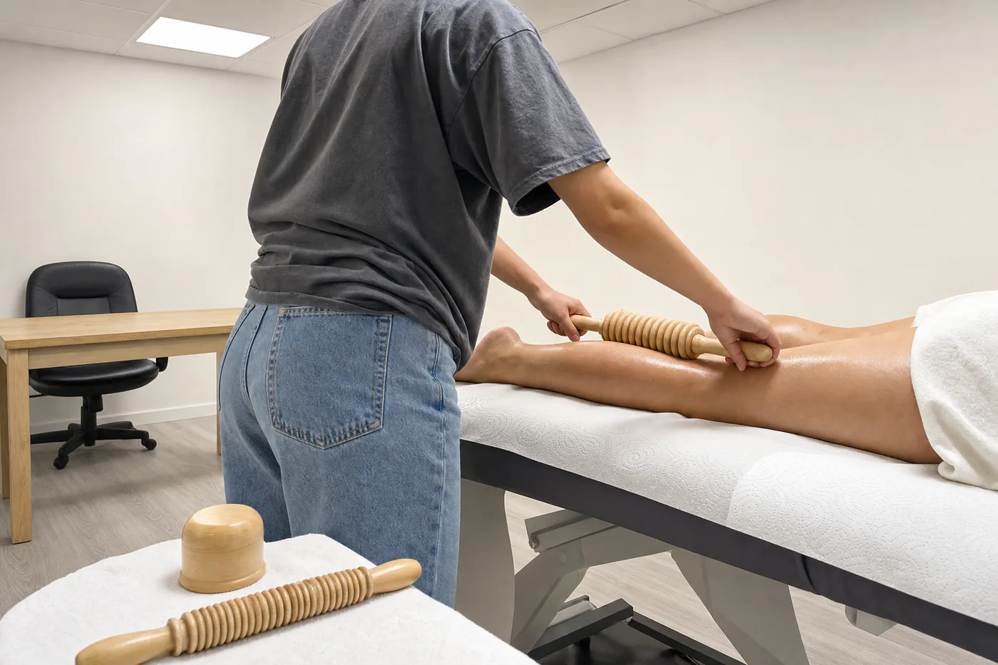 Une stagiaire s’exerce au rouleau de bois sur une jambe posée sur le papier d’examen, les autres outils en bois posés sur un linge blanc.