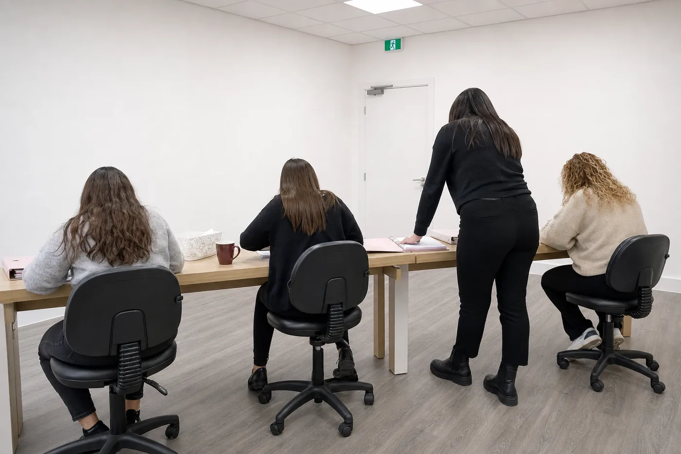 La formatrice penchée sur le poste d'une stagiaire, trois places occupées